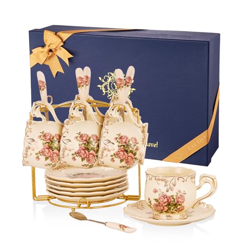 YOLIFE Ivory Porcelain Tea Cups and Saucers Set of 6 with Gold Leaves & English Rose Design, Gift for Women (Includes Gift Box, Tote Bag, Greeting Card)