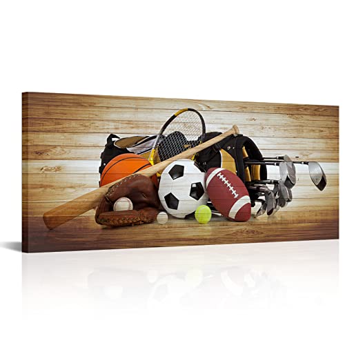 RnnJoile Sports Canvas Wall Art Man Cave Room Decor Football Baseball Golf Poster Prints on Wood Background Sports Equipment Picture for Men's Boys Bedroom Framed 20"x48"