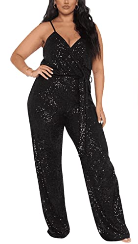 BFFBABY Sequin Jumpsuit for Women Sexy V Neck Adjustable Spaghetti Strap Sleeveless Wide Leg Pants Shiny Rompers with Belt Party