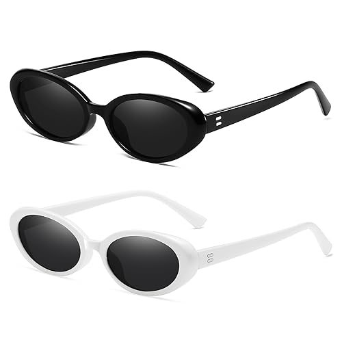 Breaksun Retro Oval Sunglasses for Women Men Fashion Small Oval Sunglasses 90s Vintage Shades (New Black/Grey+ White/Grey)