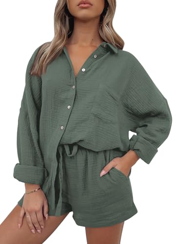 AUTOMET 2 Piece Sets For Women Lounge Wear Matching Two Piece Pajama Fashion Oversized Shirts And Shorts Spring Outfit 2025 01ArmyGreen M