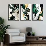 3Pcs Framed Emerald Green Wall Art, Modern Green and Gold Abstract Marble Canvas Wall Art Paintings Prints Posters Wall Decor Pictures for Living Room Bedroom Office Home Decoration, Ready to Hang