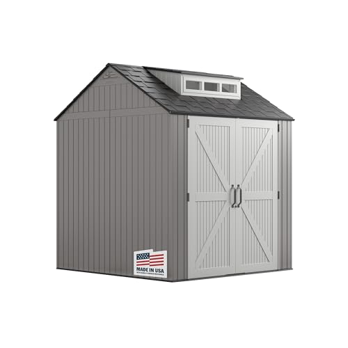 Rubbermaid Resin Outdoor Storage Shed With Floor (7 x 7 Ft) Weather Resistant Gray Organization for Home/Backyard/Garden Tools/Lawn Mower/Bike Storage/Pool Supplies