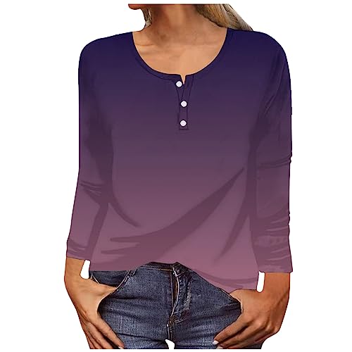 Womens Dressy Tops Long Sleeve Tee Shirts for Women 2023 Trendy Gradient Color Tunic Shirt Button Up Henley Tops Fall Fashion Blouses Purple L