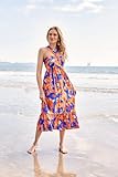 2024 Summer Women's Criss Cross Halterneck Sleeveless Floral Print Flowy A Line Maxi Dress Blue Flowers M