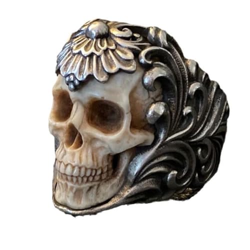 Viking Skull Ring for Men - Norse Pagan Jewelry Stainless Steel Adjustable Band, Gothic Warrior Medieval Viking Accessories, Halloween Gifts and Father's Day for Him