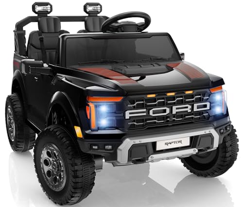 First Ride On 24V Ride on Toys for Big Kids, Licensed Ford F-150 Raptor 2 Seater Kids Ride on Car w/Remote Control, Toddler Electric Car w/LED Lights, Bluetooth, Truck Bed Storage, Soft Start (Black)