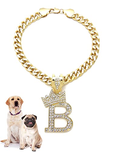 Icemond Rhinestone Studded Initial Pendant 18" Cuban Chain Fashion Costume Jewelry Necklace for Dogs Cats in Gold Tone (Gold - B)