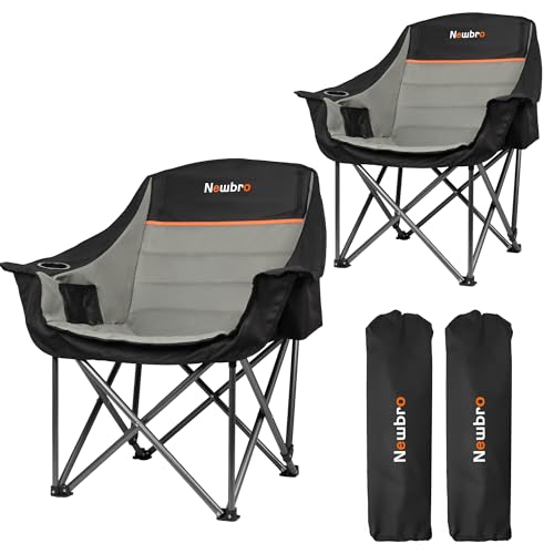Newbro 2 Pack Big Heavy Duty Camping Chairs with Cooler Bags, XL Fully Padded Folding Portable Camping Chairs for Adults, Oversized Outdoor Patio Lawn Chair with Arm Cup Holder Supports 450lbs