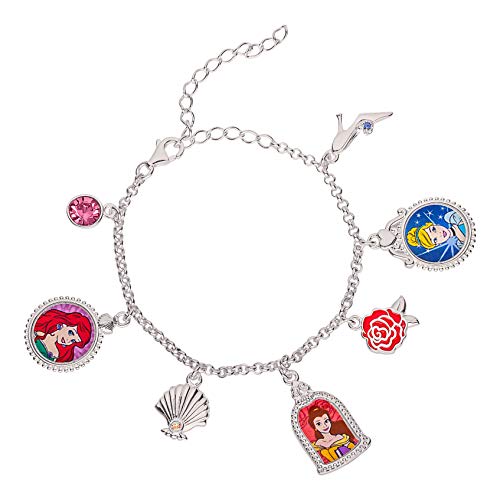 Disney Princess Sterling Silver Multi Crystal Charm Bracelet, 5 Inch + 2 Inch Extender