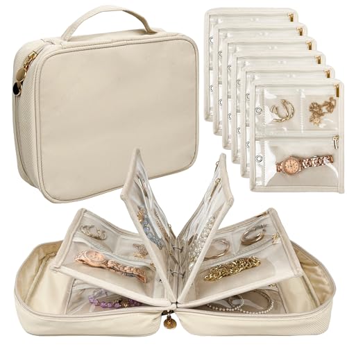 LingLingo Travel Jewelry Organizer Case,Jewelry Bags Jewelry Storage Book Binder with Clear Zipper Velvet Pouch for Traveling,Earrings, Rings, Necklace, Bracelet (White)