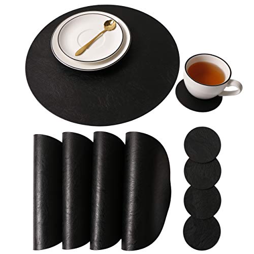 Set of 6 Embossed PU Leather Placemats, Waterproof Coffee Coasters, Kitchen Table Mats, Easy to Wipe Off for Dining Round Table