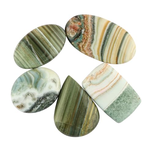 CRYSTALIS Wholesale 5pcs Natural Banded Prase-Opal Loose Gemstone Bulk Cabochons Jewelry Making Supply, Chakra & Healing Polished Stones, Wire Wrapping, DIY, Gem Collection