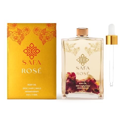 SAFA Rosé Oil - Organic Rose Essential Oil for Face, Body, Hair, Nails & Aromatherapy | After Shower Body Oil | Skin Moisturizer - Natural Scented Perfume for Women - 4 Fl Oz
