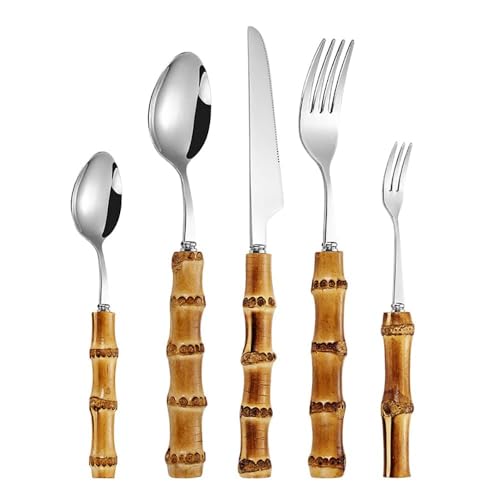60-Piece Bamboo Handle Silverware Flatware Set for 12 - Premium 18/8 Stainless Steel Cutlery, Dishwasher Safe - Natural Bamboo Design for Wedding Dining