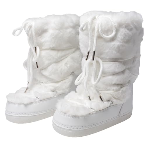 ZHENAIYISHENG Faux Fur Boots for Women - Fuzzy Fluffy Furry Water Resistant Snow Boots for Women - Anti-Slip with Cotton Sponge Lined and TPR Rubber Sole Black White Fur Boots white 8 9