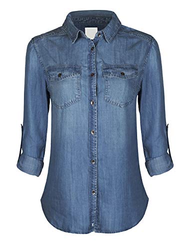 Design by Olivia Women's Classic Long/Roll Up Sleeve Button Down Denim Chambray Shirt Medium Denim L