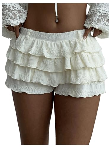 BEAUDRM Women's Elastic Waist Ruffle Tiered Shorts Casual Mini Skort Low Rise Bloomers Apricot Small