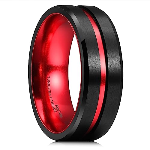 King Will 8mm Black Tungsten Rings for Men Two Tone Mens Wedding Band Cool Promise Ring Engagement Centre Grooved Thin Lines Matte Finished Beveled Edge Comfort Size, Red 10