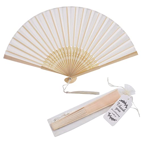 SL crafts 50 Sets Imitated Silk Hand Fan with Tassel and Organza Bags and Thank You Tags Fabric Handheld Folding Fans Bamboo Frame Bridal Dancing Props Wedding Party Favors (Cream)