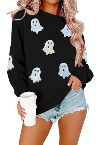 MYHALF Halloween Sweatshirts Women Colorful Sequin Ghost Graphic Pullover Shirt Halloween Witch Crewneck Sweater Black