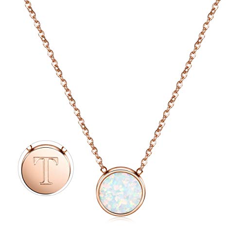 CIUNOFOR Rose Gold Plated Alphabet Opal Pendant Necklace Round Disc Initial Necklace Engraved Letter Necklace with Adjustable Chain Pendant Enhancers for Women and Girls Fashion Style Jewerly (T, 20)