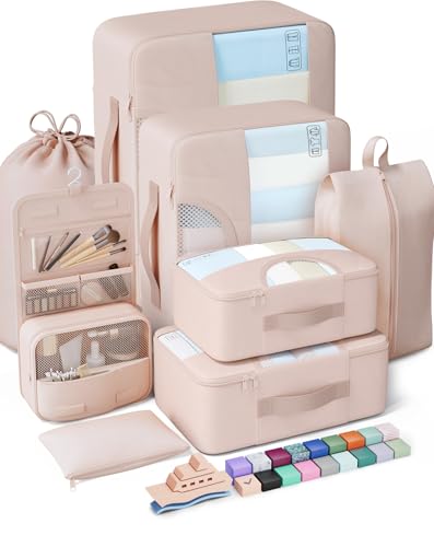 Veken 8 Set Packing Cubes for Travel, Beach Vacation Essentials Accessories for Cruise Ship, Suitcase Organizer Bags for Luggage with Hanging Toiletry & Shoe Bag, Birthday Gifts for Women Mom Her