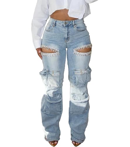 Famnbro Womens Cargo Jeans Y2k High Waisted Ripped Jeans Rhinestone Straight Wide Leg Denim Baggy Jeans