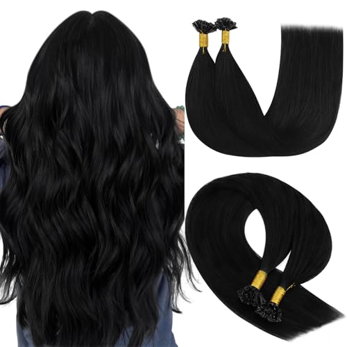 YoungSee U Tip Hair Extensions Black 24 Inch Utip Extensions Jet Black U Tips Hair Extensions Real Human Hair Black U Tip Keratin Fusion Hair Extensions for Long Hair 1g/s 50 Strands