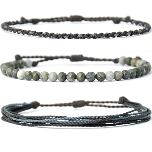 Handmade Natural Stone Beaded Healing Bracelet Gift for Men Adjustable Rope String Bracelet (Pyrite associated with white quartz ore)