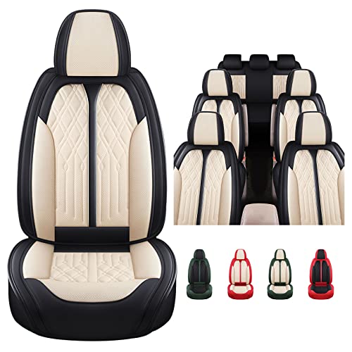 Fit Car Seat Covers for Mazda CX-90 2024,7 Seats Waterproof Faux Leather Front & Rear Seat Cover Accessories,Automotive Vehicle Auto Interior Covers(Cream Black,Full Set)