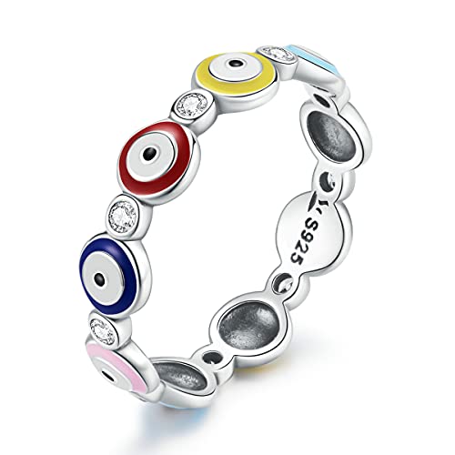 Shysnow 925 Sterling Silver Evil Eye Ring Red Hamsa Eye Rings with Enamel Cubic Zirconia Cute Greek Statement Ring for Women Size 6