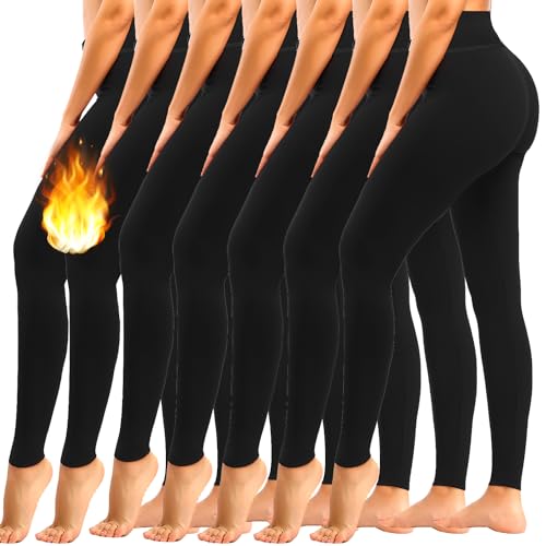 yeuG 7 Pack High Waisted Fleece Lined Leggings for Women Tummy Control Soft Workout Yoga Pants(Black(Fleece Lined),Large-X-Large)