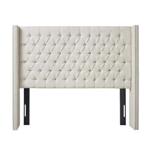 Madison Park Amelia Upholstered Headboard | Nail Head Trim Wingback Button Tufted | King, Cream