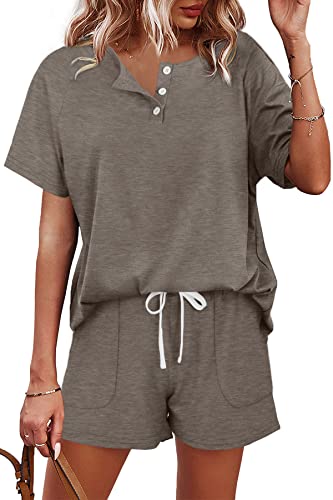 WIHOLL Womens Loungewear Set 2 Piece Outfits Tshirts Shorts for Summer Khaki L