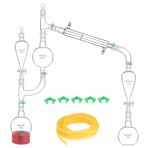 StonyLab 500ml Essential Oil Distillation Kit, Borosilicate Glass Distillation Apparatus for Essential Oil Extraction 24/40 Steam Distillation Set Lab Glassware