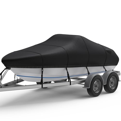 RVMasking Extra Thick 1400D Full Boat Cover, 20-22ft Waterproof Trailerable Heavy Duty Marine Grade Bass Boat Cover, Fits Tri-Hull, V-Hull, Runabout, Fishing Boat, Black