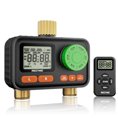RESTMO RF Remote Controlled Sprinkler Timer with Brass Inlet & Outlet, Water Timer for Garden Hose, Automatic/Manual/Rain Delay for Outdoor Faucet, Drip Irrigation and Lawn Watering, 2 Outlet