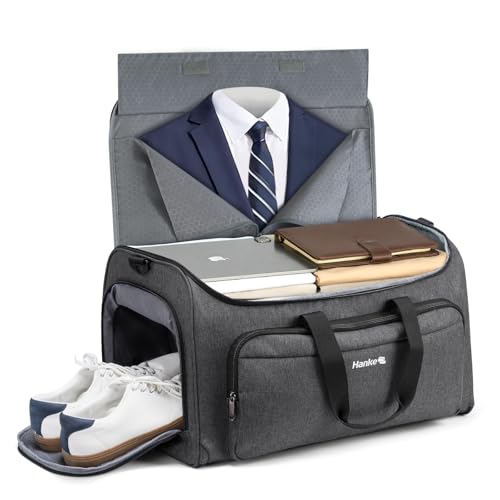 Hanke Carry on Garment Bags for Travel,Convertible Duffle Bag Luggage Bag Weekend Bag with Shoe Compartment,2 in 1 Hanging Suitcase Suit Bag for Men Women,Dark Grey