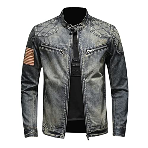 Kinkia Men's Distressed Denim Jacket American Flag Patchwork Automotive Trucker Jean Jackets Coat (KK0453-Grey01-L)