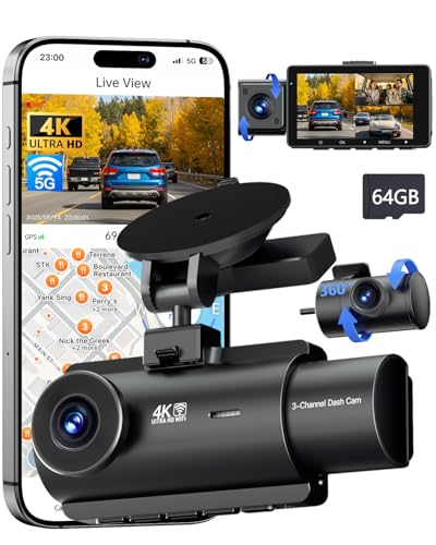 QCONTROL® 4K 5G WiFi 3 Channel Dash Cam Front and Rear Inside, 4K+1080P+1080P Dash Camera for Cars, GPS Dashcam, Car Camera with 3-Inch Screen, IR Night Vision, 24Hr Parking Mode, G-Sensor, 64GB Card