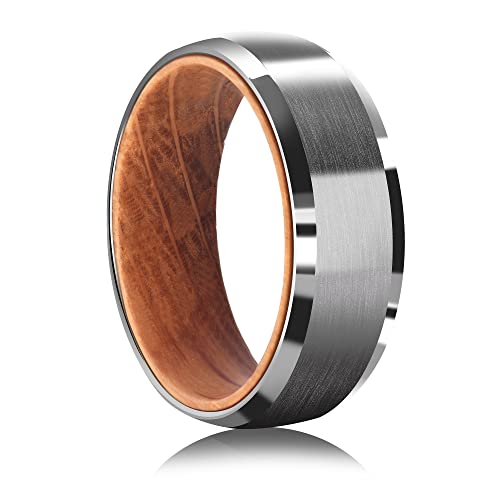 Tungsten Rings for Men Womens 8mm Black Silver Fashion Promise Wedding Band JEWPER Carbide Inner Hole Inlaid Whiskey Barrel Wood Chamfer Frosted Matte Finish Edge Comfort Fit size 7-12 (bright silver, 8)