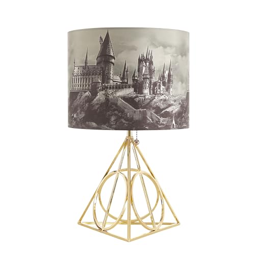 Idea Nuova Harry Potter Figural Table Lamp – 16" Tall Gold Wire Base with Printed Hogwarts Shade, Decorative Kids Desk or Nightstand Lamp for Bedroom, Playroom, or Study Area