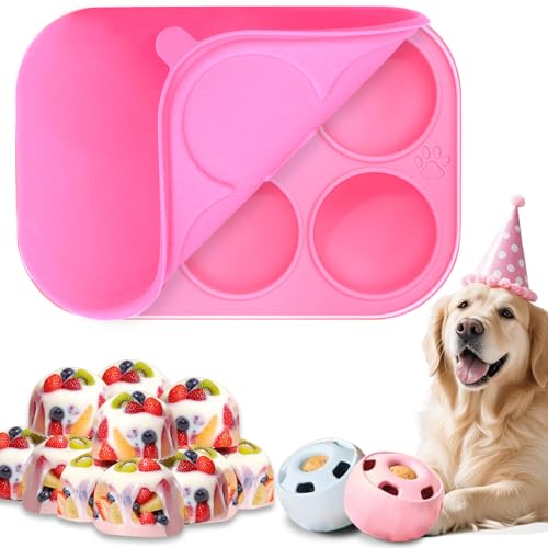 BABORUI 6 Cavities Silicone Dog Treat Molds with Lid for WOOF Party Pupsicle & Woof Pupsicle Large 25-75lbs, Reusable Frozen Treat Molds for Making Healthy Refill Birthday Popsicle (L-Pink-With Lid)