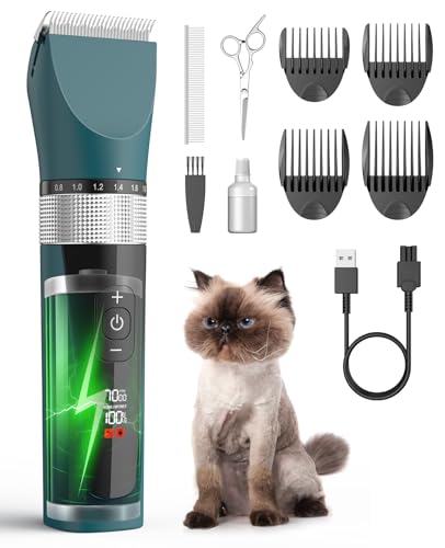 oneisall Cat Clippers for Matted Hair, 5-Speed Quiet Cat Grooming kit, Cordless Pet Shaver for Long Hair,Waterproof Pet Hair Trimmer, Pet Clippers for Cats(Green)
