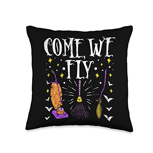 Broomstick Flipping Flying Patch Pumpkin Ghost Witch Funny Halloween Costume Mask Wizard Humorous Flying Throw Pillow, 16x16, Multicolor