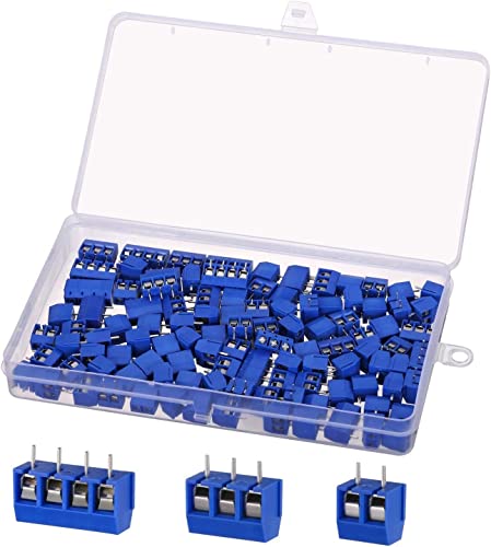 100PCS 2 Pin 3 Pin 4 Pin PCB Mount Screw Terminal Block Connector, KWOKWEI Blue Socket Strips 5mm Pitch for Arduino and Home Electronics Projects (80 x 2 Pin, 15 x 3 Pin, 5 x 4 Pin)
