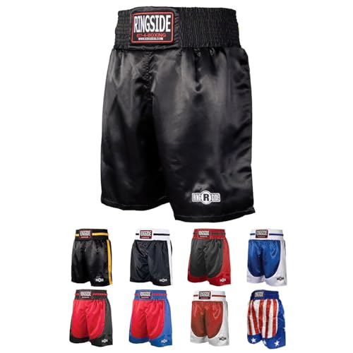 Ringside Pro-Style Boxing Trunks, Satin Shorts for Men and Women, Ideal for MMA, Muay Thai, Kickboxing, Competition, Training, and Workout, Boxing Equipment, Black, Medium