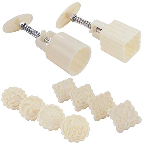 Vpang 2 Sets of Moon Cake Mold Mung Cake Mold Cookie Biscuit Pressing Mold, Round and Square Moon Cake Making Tools (50g 2 Molds 8 Stamps)