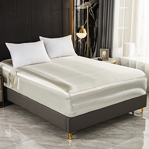 1 Piece Satin Bed Fitted Sheet Only, Single Beige Cream Fitted Sheet, Luxury Silk Silky Bedding Ultra Soft Durable Deep Pocket Fitted Sheet Full Size(Beige, Full)